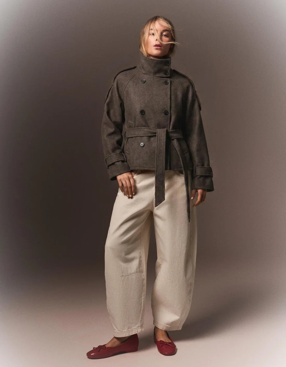 Mazarine belted short coat in brown