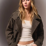 Mazarine coat in brown, worn open