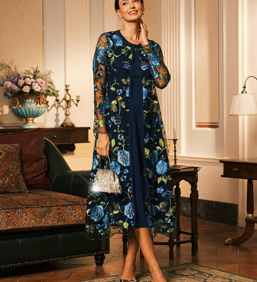 Mesh Lace Embroidered Floral Dress Set