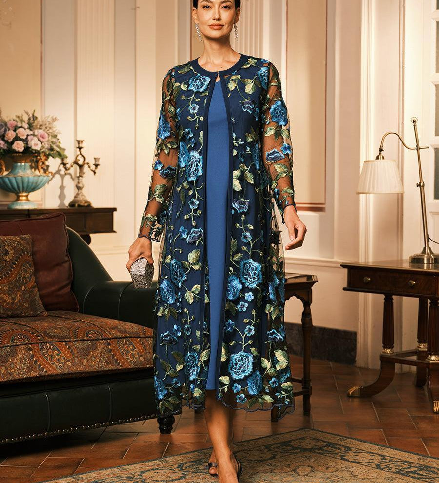 Mesh Lace Embroidered Floral Dress Set