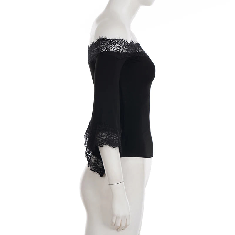Profile of lace trim bell sleeve top