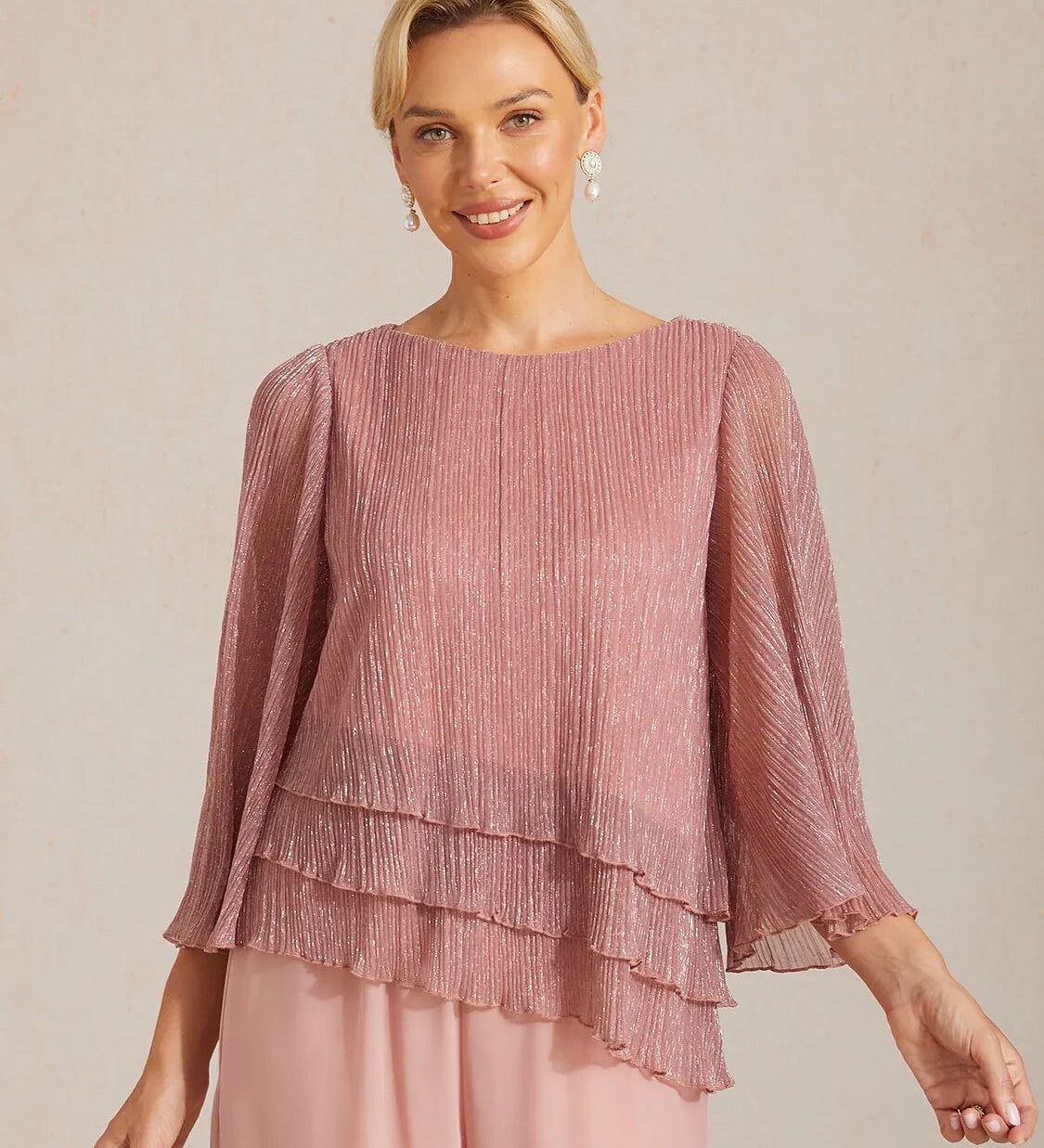 Metallic Pleated Chiffon Asymmetrical Layered Blouse