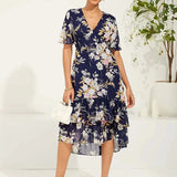 Floral Chiffon V Neck Ruffle Midi Dress