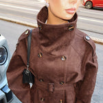 Brown suede-look cropped belted jacket, front