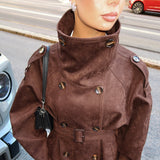 Brown suede-look cropped belted jacket, front