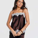 Brown Satin Lace Mix Cami Top