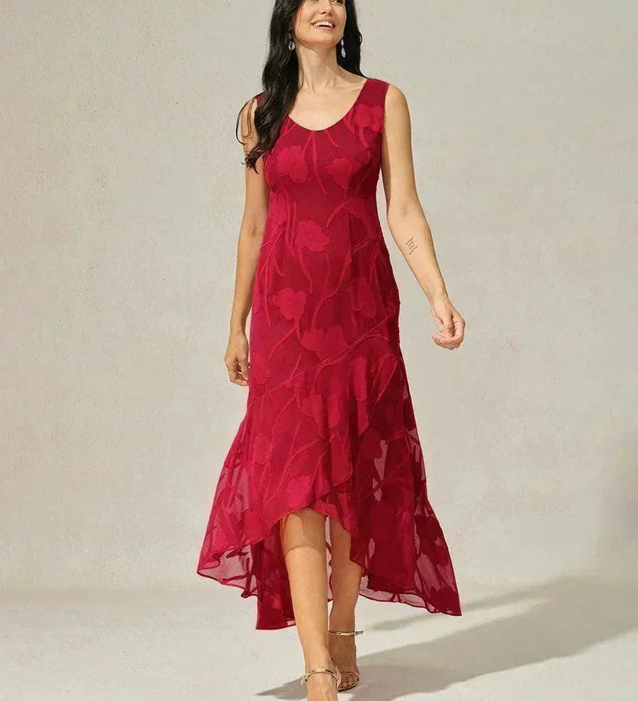 Floral Chiffon Sleeveless Evening Gown with Asymmetrical Hem