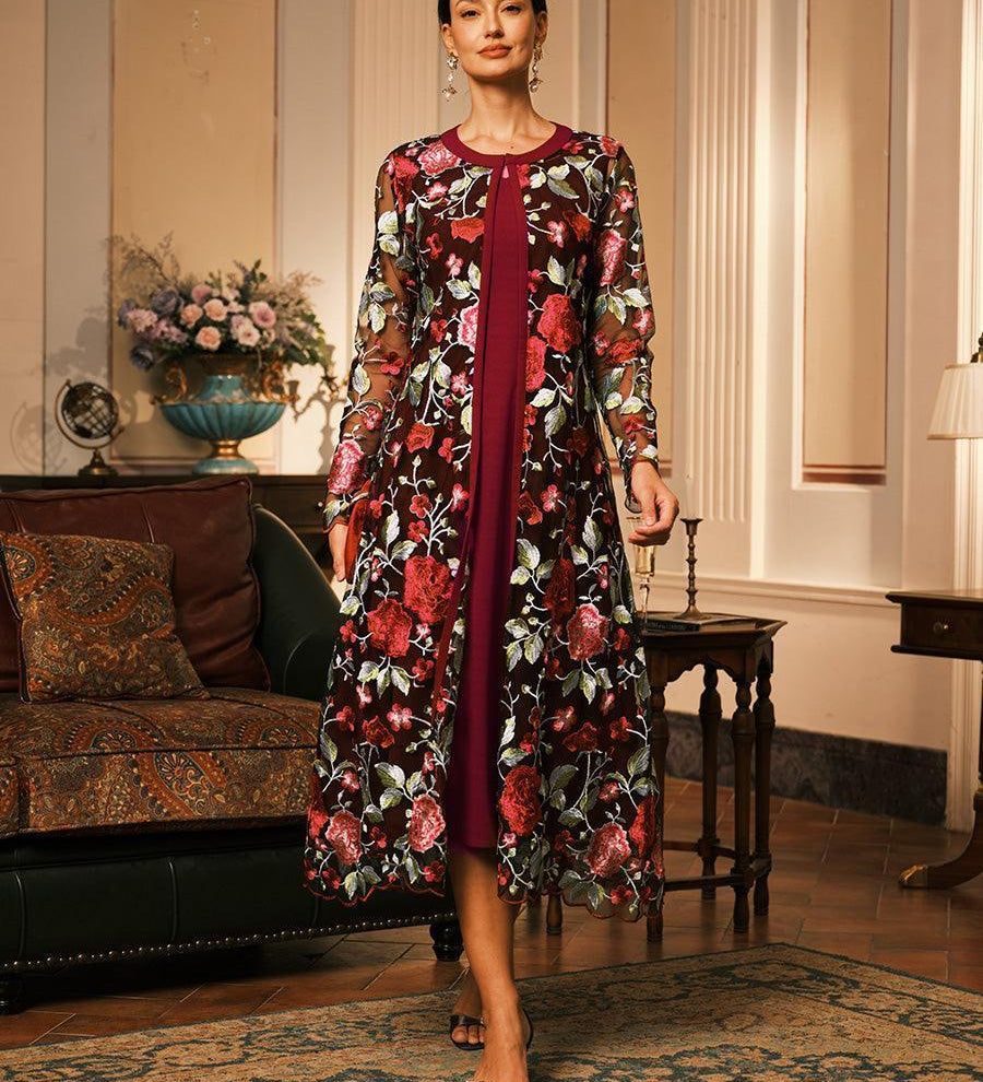 Mesh Lace Embroidered Floral Dress Set