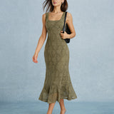 Green Square Neck Lace Floral Midi Dress