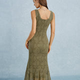 Green Square Neck Lace Floral Midi Dress