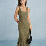 Green Square Neck Lace Floral Midi Dress