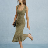 Green Square Neck Lace Floral Midi Dress