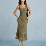 Green Square Neck Lace Floral Midi Dress