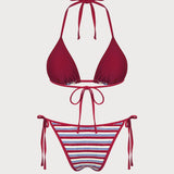 Red Halter Contrasting Striped Bikini Set