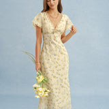 Yellow V Neck Lace Floral Maxi Dress