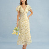 Yellow V Neck Lace Floral Maxi Dress