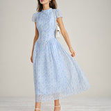 Blue Mock Neck Floral Chiffon Maxi Dress