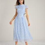 Blue Mock Neck Floral Chiffon Maxi Dress