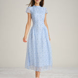 Blue Mock Neck Floral Chiffon Maxi Dress