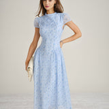 Blue Mock Neck Floral Chiffon Maxi Dress