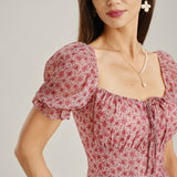 Pink Square Neck Floral Chiffon Midi Dress