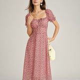 Pink Square Neck Floral Chiffon Midi Dress