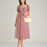 Pink Square Neck Floral Chiffon Midi Dress