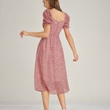 Pink Square Neck Floral Chiffon Midi Dress