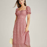 Pink Square Neck Floral Chiffon Midi Dress
