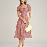 Pink Square Neck Floral Chiffon Midi Dress