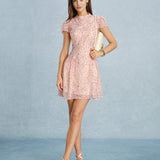 Pink Mock Neck Floral Chiffon Mini Dress