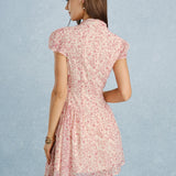 Pink Mock Neck Floral Chiffon Mini Dress