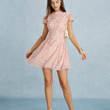 Pink Mock Neck Floral Chiffon Mini Dress