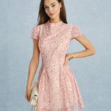 Pink Mock Neck Floral Chiffon Mini Dress