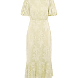 Green Jacquard Puff Sleeve Midi Dress